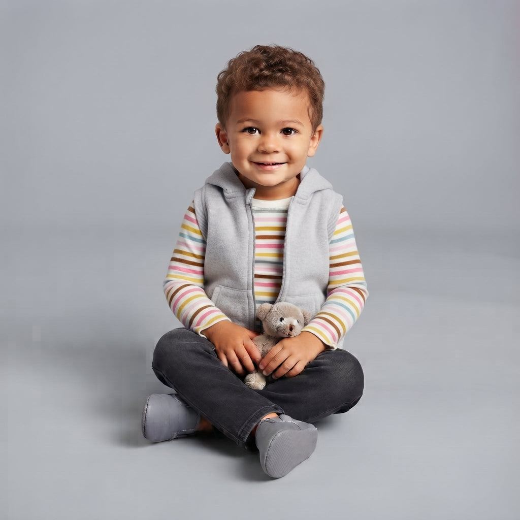 Niño pequeño con conjunto EmpiBy de 3 piezas: chaleco gris con capucha, body a rayas y pantalón jean oscuro.