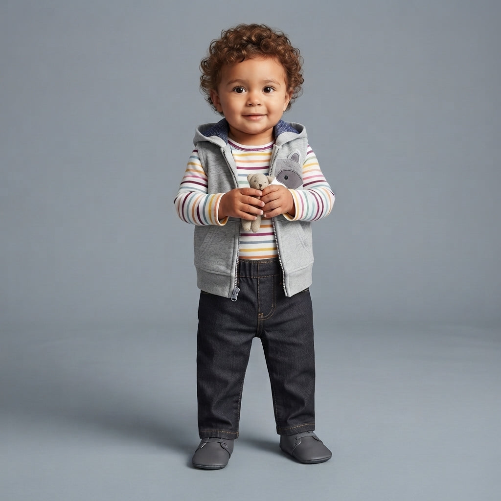 Bebé con conjunto EmpiBy de 3 piezas: chaleco gris con capucha de mapache, body a rayas y pantalón jean oscuro.