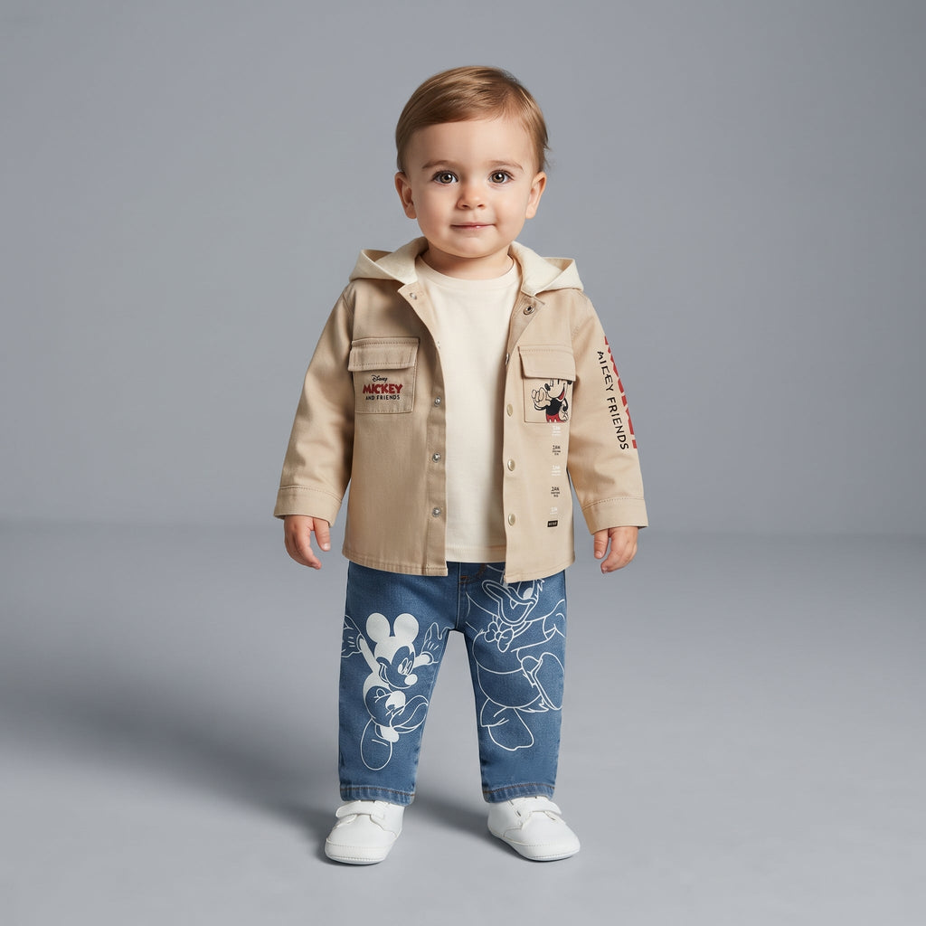 Bebé niño vistiendo conjunto EmpiBy con chaqueta caqui de Mickey Mouse y pantalones de mezclilla estampados