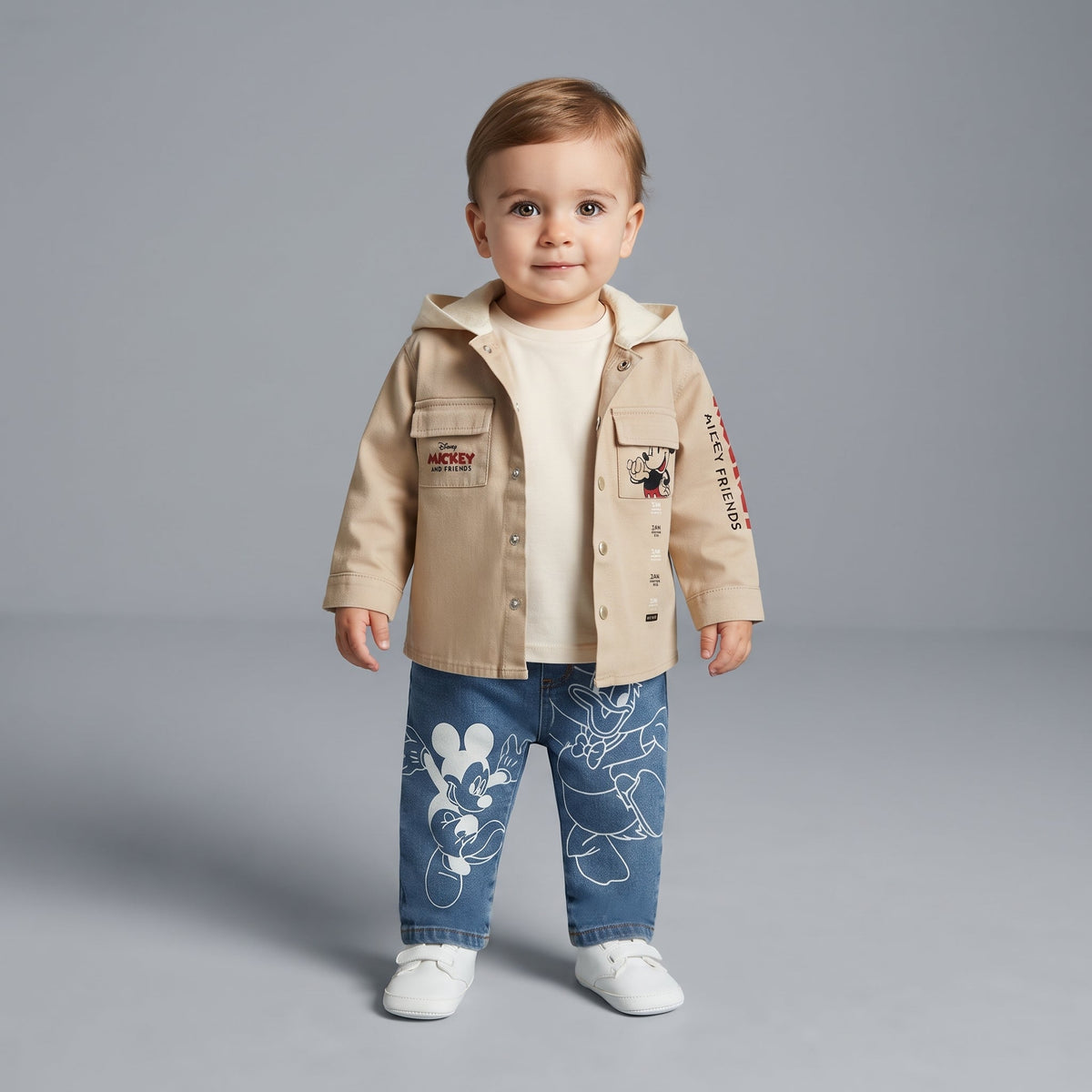 Bebé niño vistiendo conjunto EmpiBy con chaqueta caqui de Mickey Mouse y pantalones de mezclilla estampados
