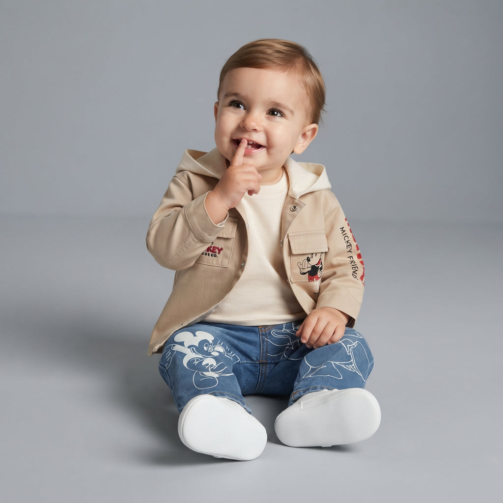 Bebé con conjunto EmpiBy de chaqueta caqui con capucha y pantalón de mezclilla azul con estampado de Mickey Mouse
