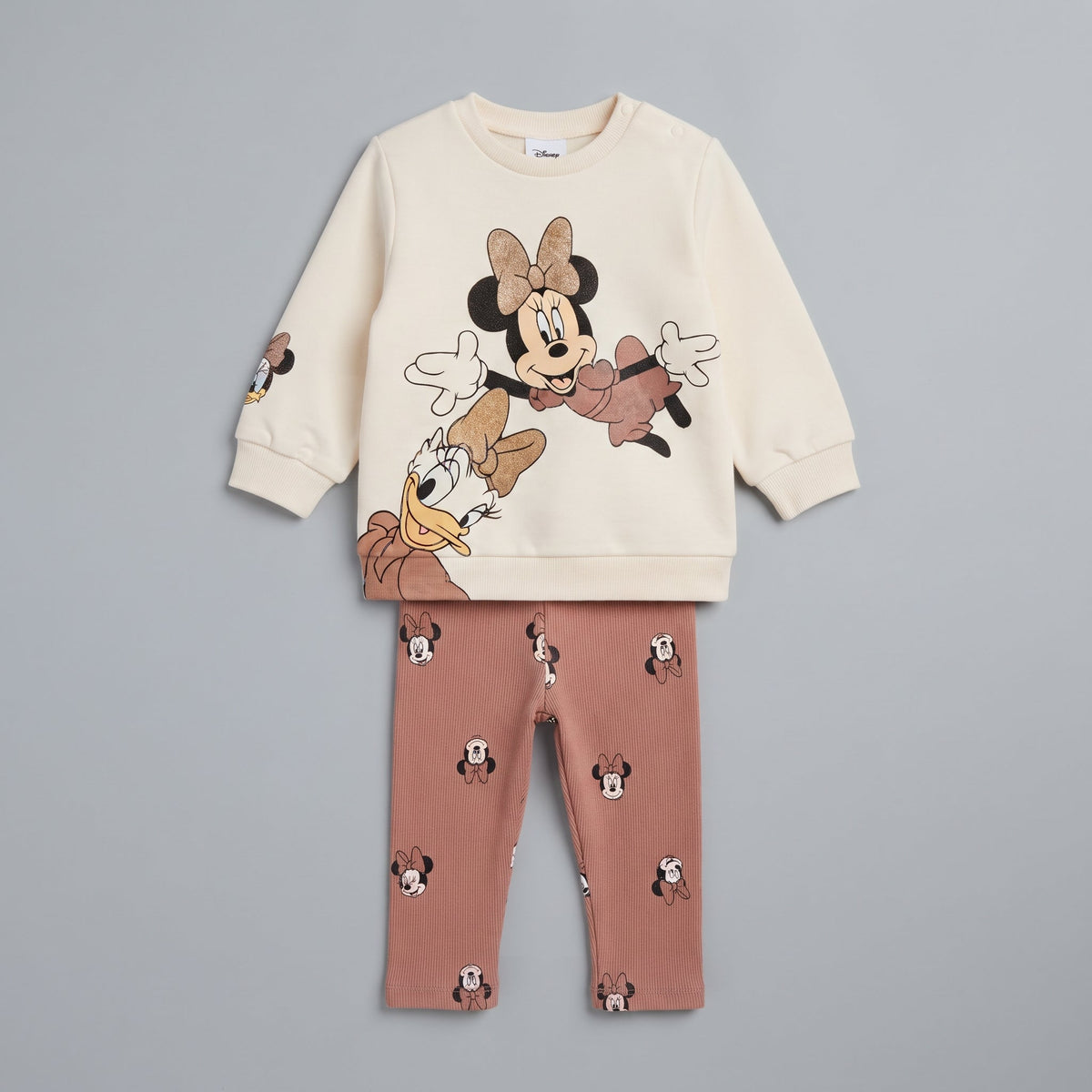 Conjunto EmpiBy de dos piezas para bebé niña con sudadera marfil de Minnie y Daisy y legging acanalado terracota