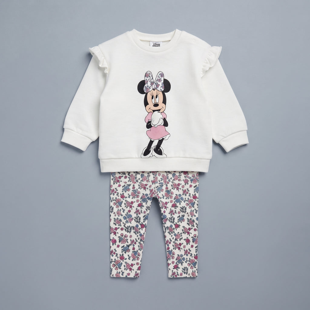 Conjunto EmpiBy de dos piezas para bebé niña con sudadera blanca de Minnie Mouse y leggings de flores multicolor