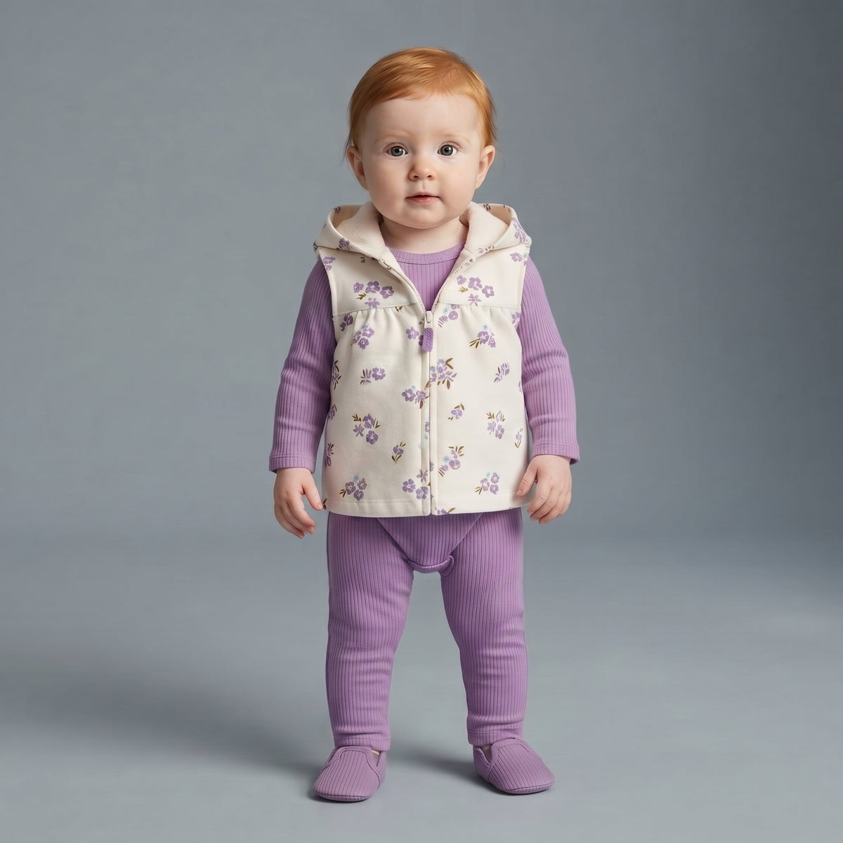 Bebé con conjunto EmpiBy de 3 piezas: chaqueta floral con capucha, body y pantalón acanalado en color morado.