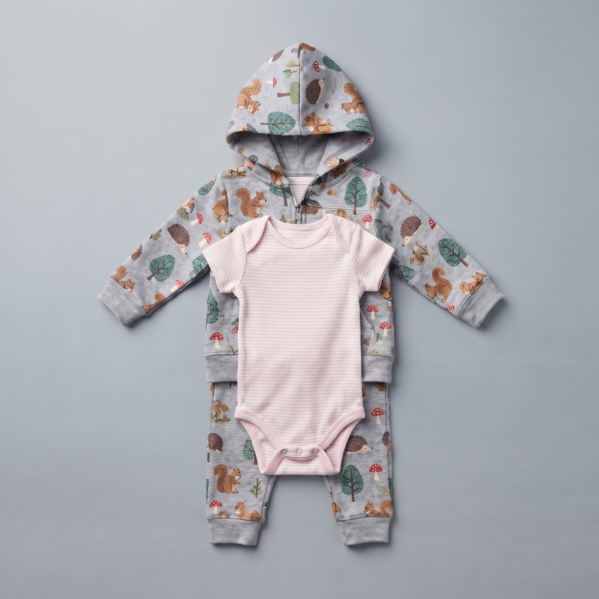 Conjunto EmpiBy de 3 piezas para bebé niña con chaqueta gris estampada, body rosa a rayas y pantalón a juego.
