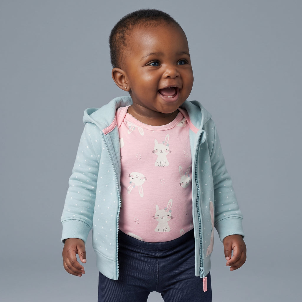 Bebé sonriente con conjunto EmpiBy de 3 piezas: chaqueta azul con conejito, body rosa estampado y legging azul marino.