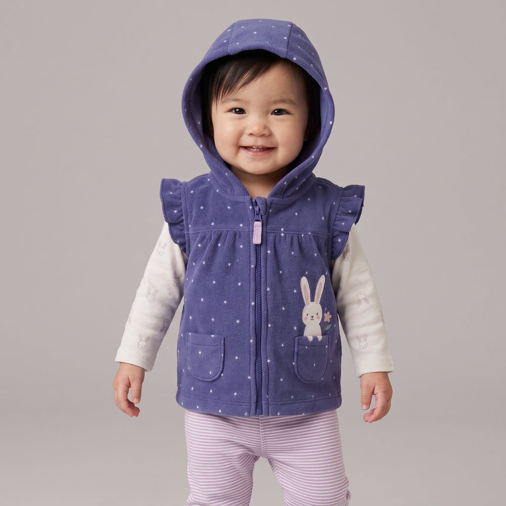 Bebé sonriente con conjunto EmpiBy de 3 piezas: chaleco violeta con capucha, body de conejitos y pantalón a rayas.