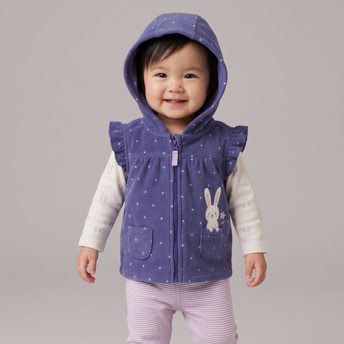 Bebé sonriente con conjunto EmpiBy de 3 piezas: chaleco violeta con capucha, body de conejitos y pantalón a rayas.