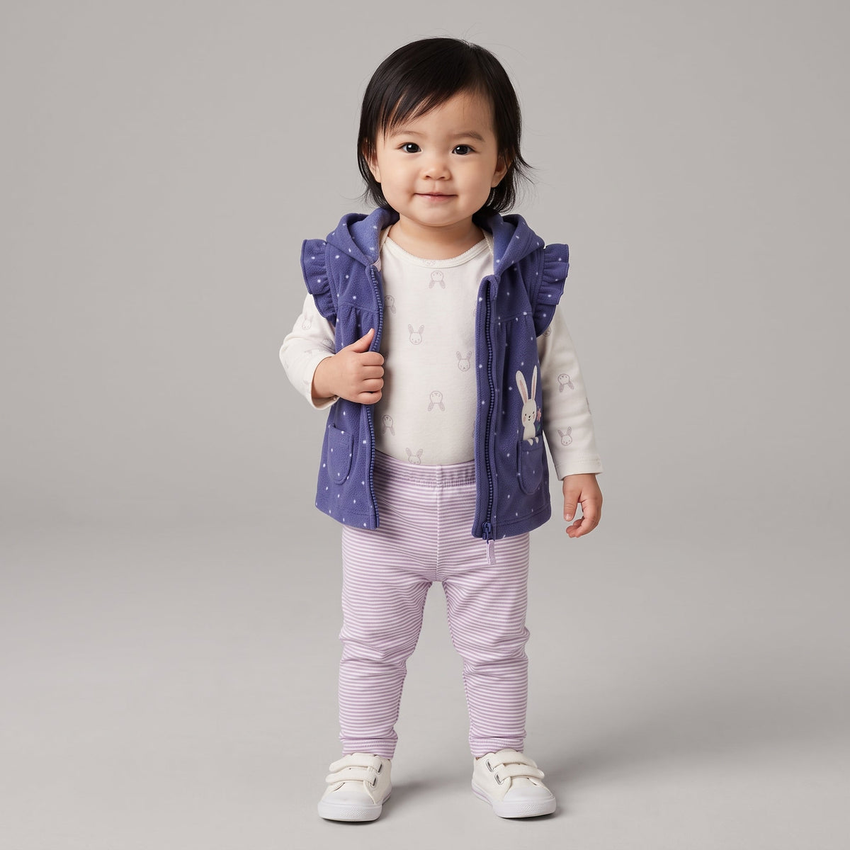 Bebé niña vistiendo conjunto EmpiBy de 3 piezas: chaleco violeta con capucha, body de conejitos y pantalón a rayas.