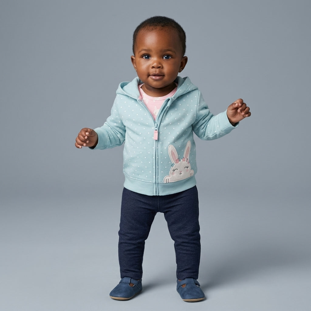 Bebé niña con conjunto EmpiBy de tres piezas: chaqueta azul con conejito, body rosa y legging azul marino