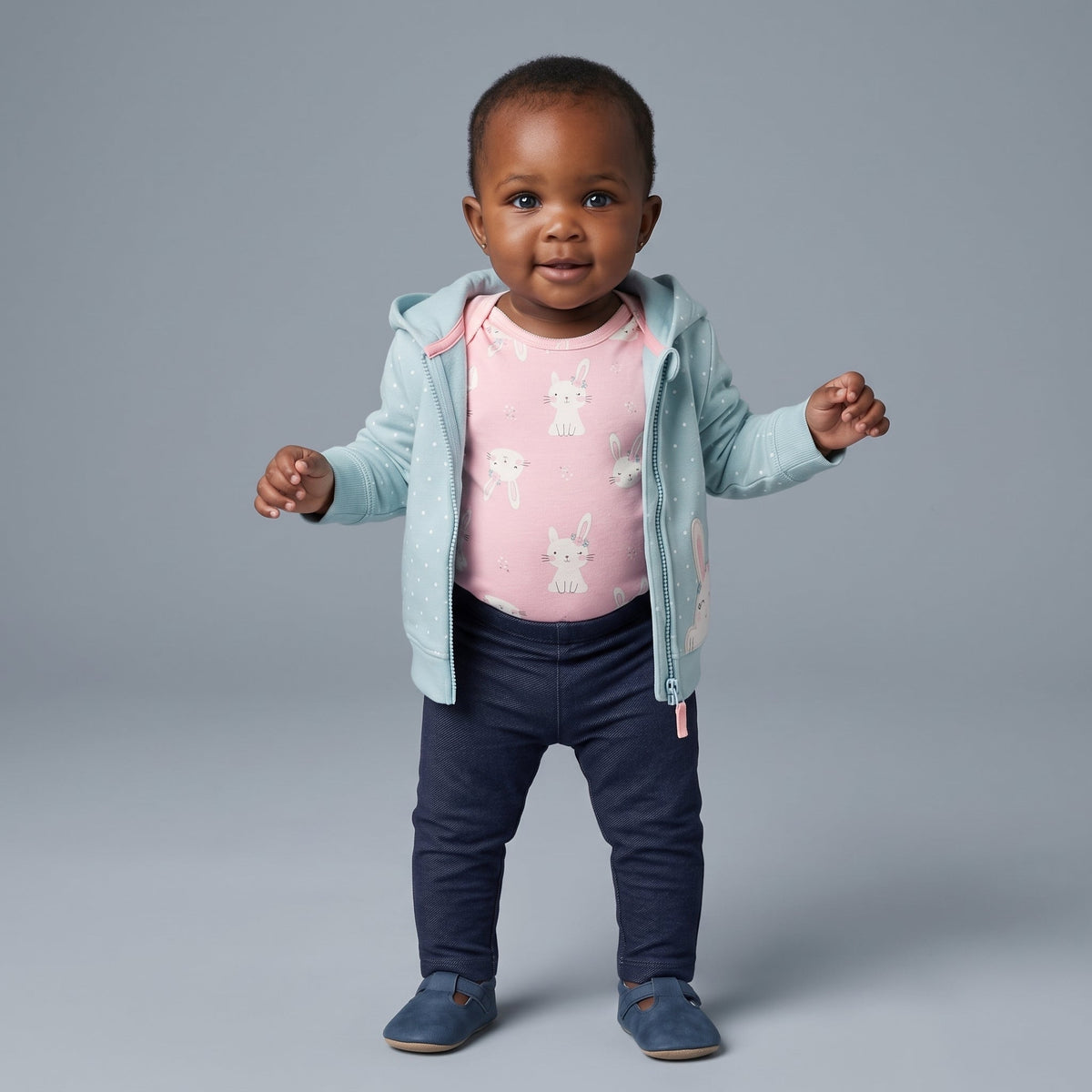 Bebé niña vistiendo conjunto EmpiBy de 3 piezas: chaqueta azul con conejito, body rosa estampado y leggings marinos.