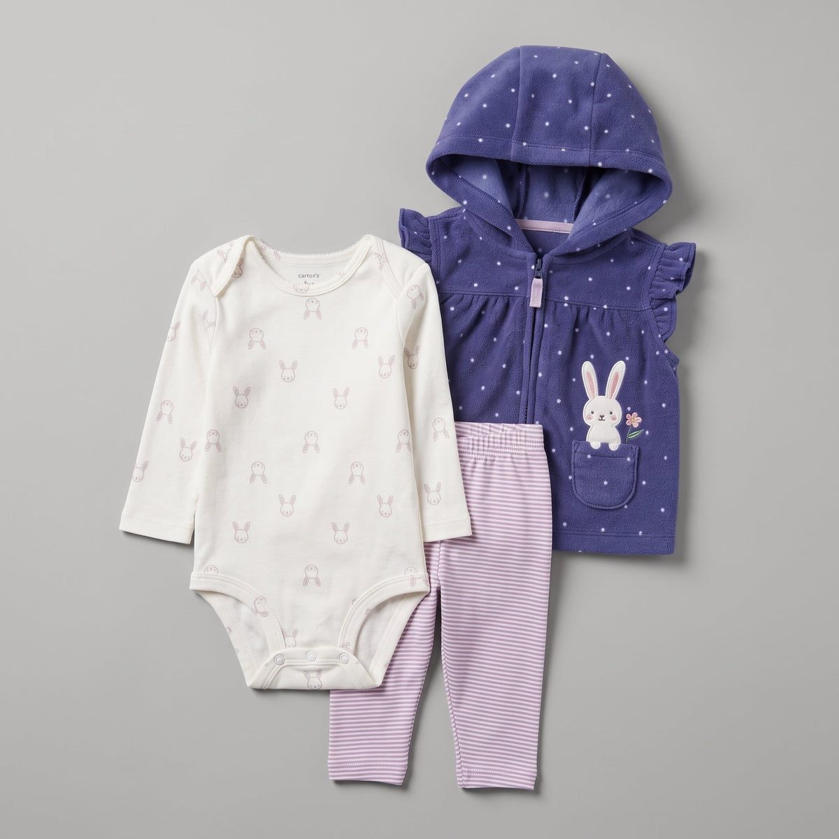 Conjunto EmpiBy de 3 piezas para bebé niña: chaleco violeta con capucha, body blanco de conejitas y pantalón a rayas