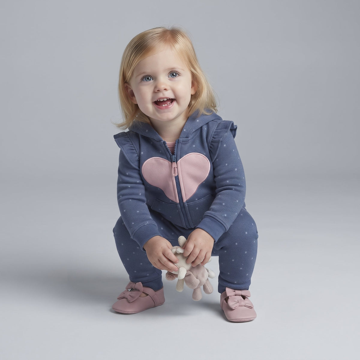 Niña pequeña sonriente vistiendo conjunto EmpiBy de tres piezas azul con lunares, capucha y detalle de corazón rosa.