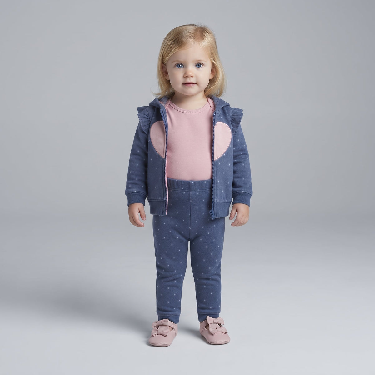 Conjunto EmpiBy de 3 piezas para bebé niña: chaqueta azul con lunares, body rosa y pantalón a juego con corazón.
