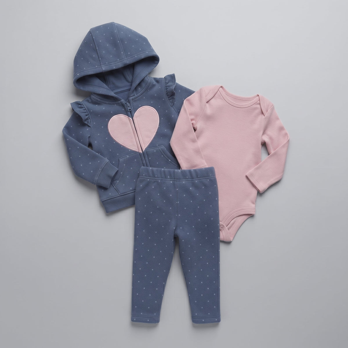Conjunto de 3 piezas EmpiBy para bebé niña con chaqueta azul de lunares, body rosa y pantalón a juego con corazón