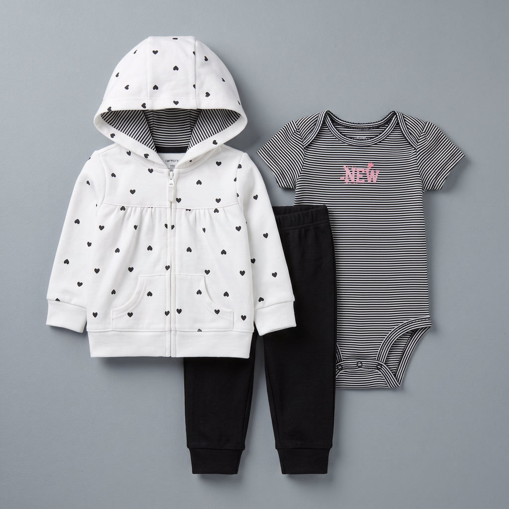 Conjunto de 3 piezas EmpiBy para bebé niña con chaqueta blanca de corazones, body a rayas y legging negro