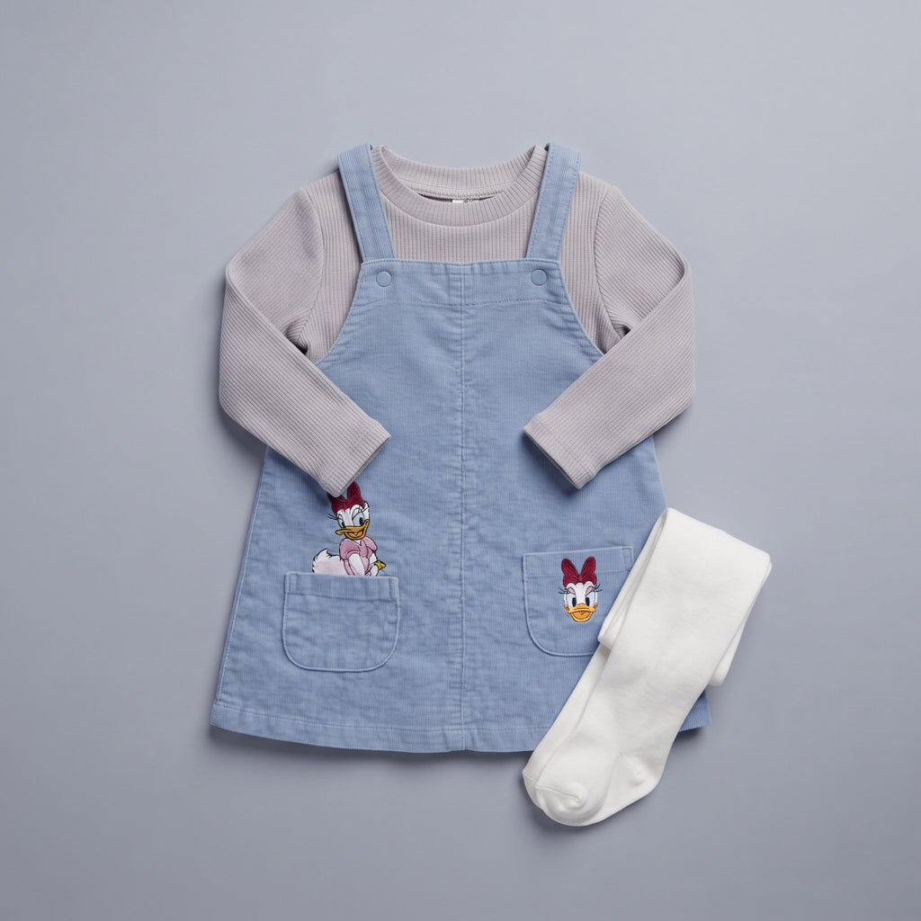 Conjunto EmpiBy de 3 piezas para bebé niña con vestido de pana azul, camiseta gris y medias blancas de Daisy Duck.