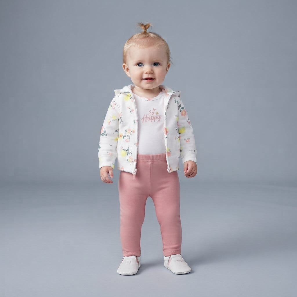 Bebé niña vistiendo conjunto EmpiBy de 3 piezas: chaqueta floral, body blanco So Happy y legging rosa