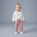 Bebé niña vistiendo conjunto EmpiBy de 3 piezas: chaqueta floral, body blanco So Happy y legging rosa