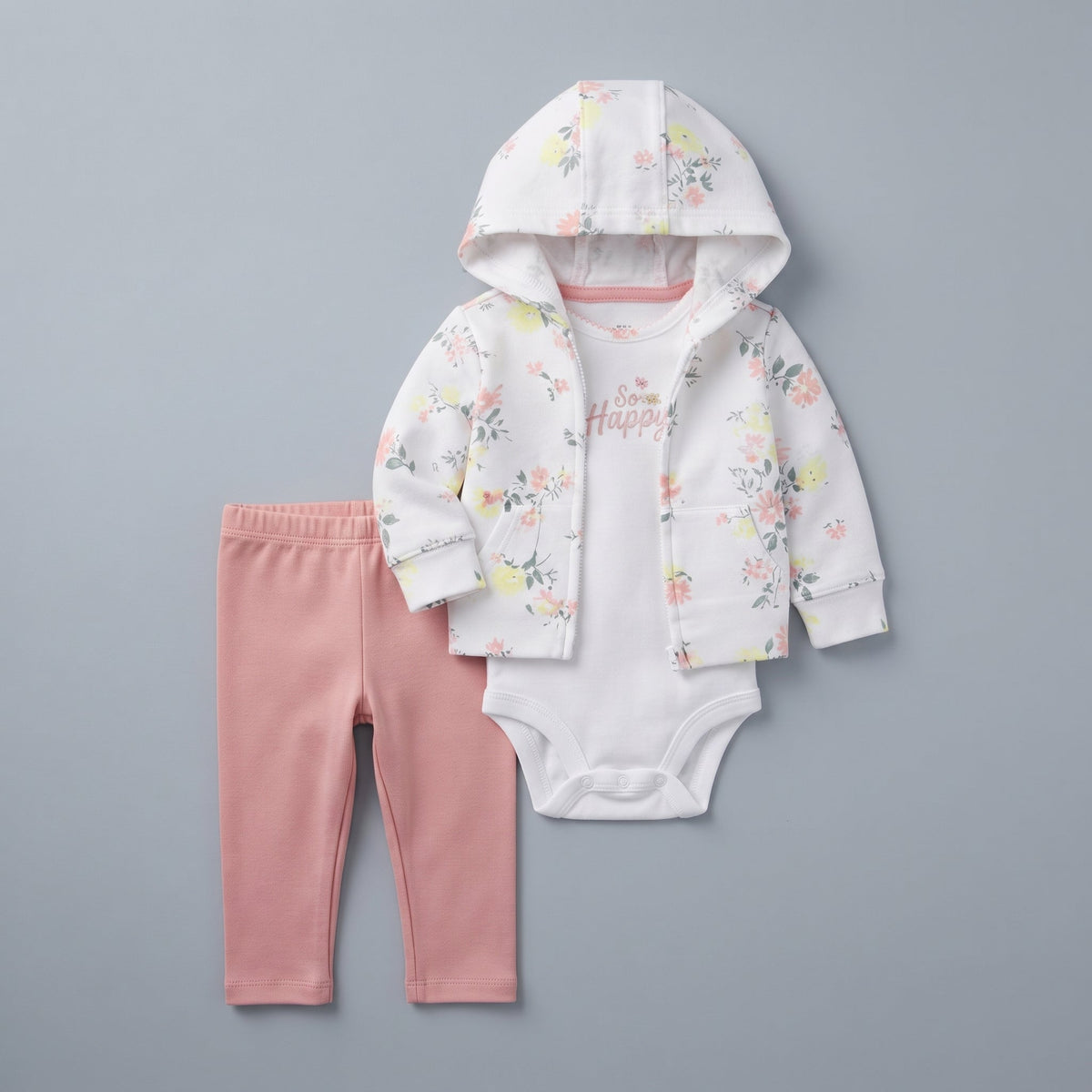 Conjunto EmpiBy de 3 piezas para bebé niña: chaqueta floral con capucha, body blanco So Happy y legging rosa liso.