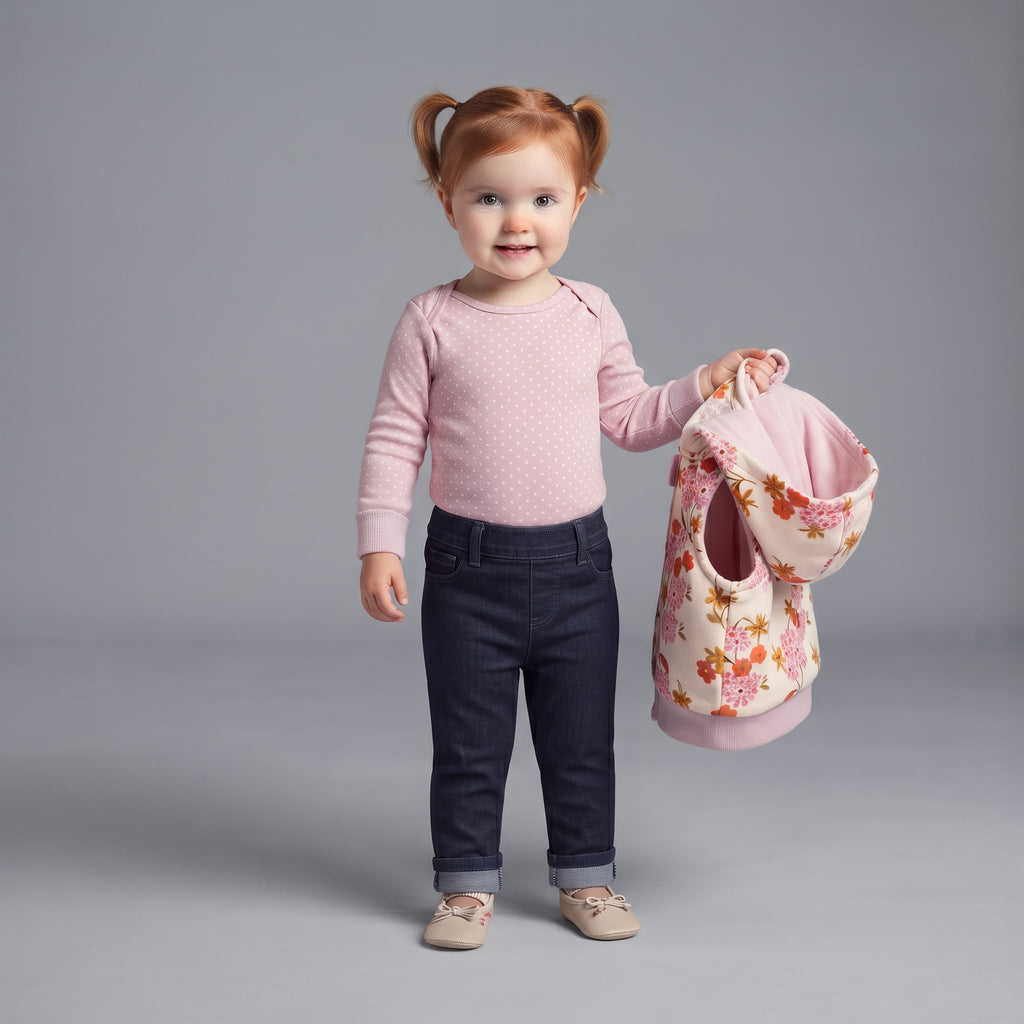 Niña pequeña con conjunto EmpiBy de body rosa, pantalón azul oscuro y chaleco acolchado con estampado floral