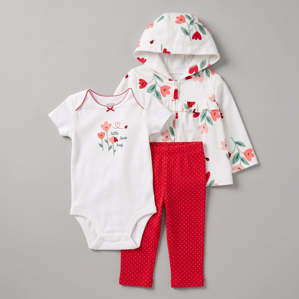 Conjunto de 3 piezas EmpiBy para bebé niña con chaqueta floral, body blanco little love bug y leggings rojos