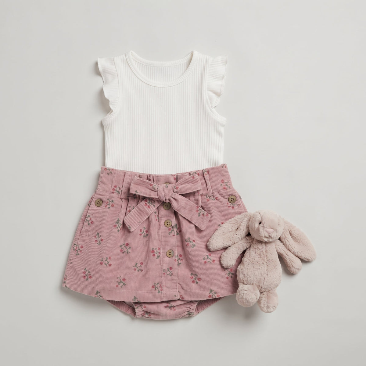 Conjunto EmpiBy para bebé niña con camiseta blanca acanalada de volantes y falda-short rosa con estampado floral