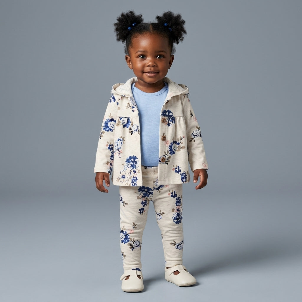 Niña pequeña vistiendo conjunto EmpiBy de tres piezas con chaqueta y pantalón de flores azules sobre fondo gris