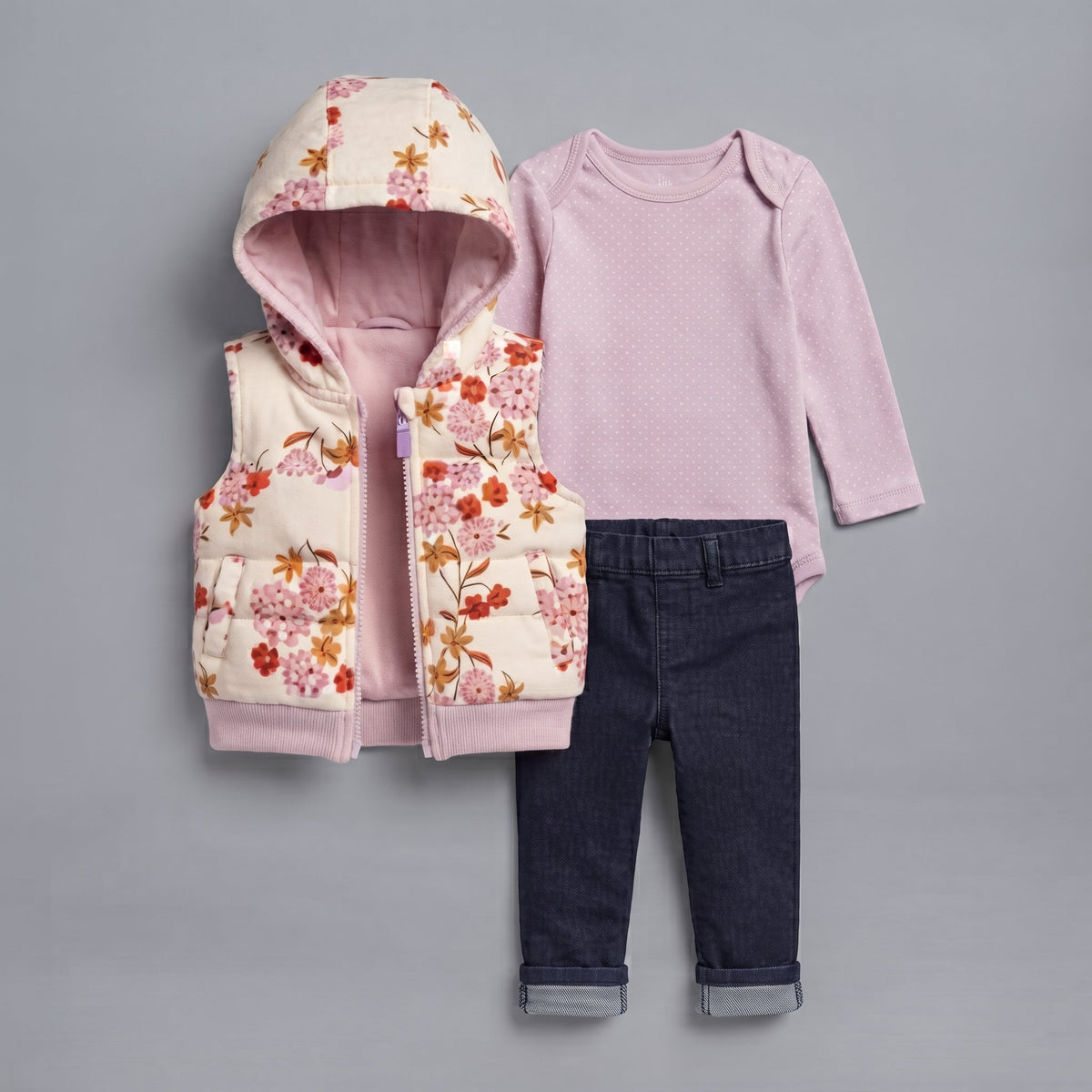 Conjunto EmpiBy de 3 piezas para bebé niña: chaleco acolchado floral, body morado de lunares y pantalón tipo jean.