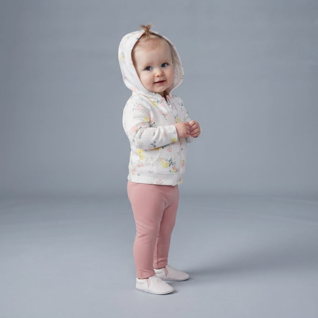 Bebé niña vistiendo conjunto EmpiBy de tres piezas: chaqueta con capucha floral, body blanco y leggings rosa liso.