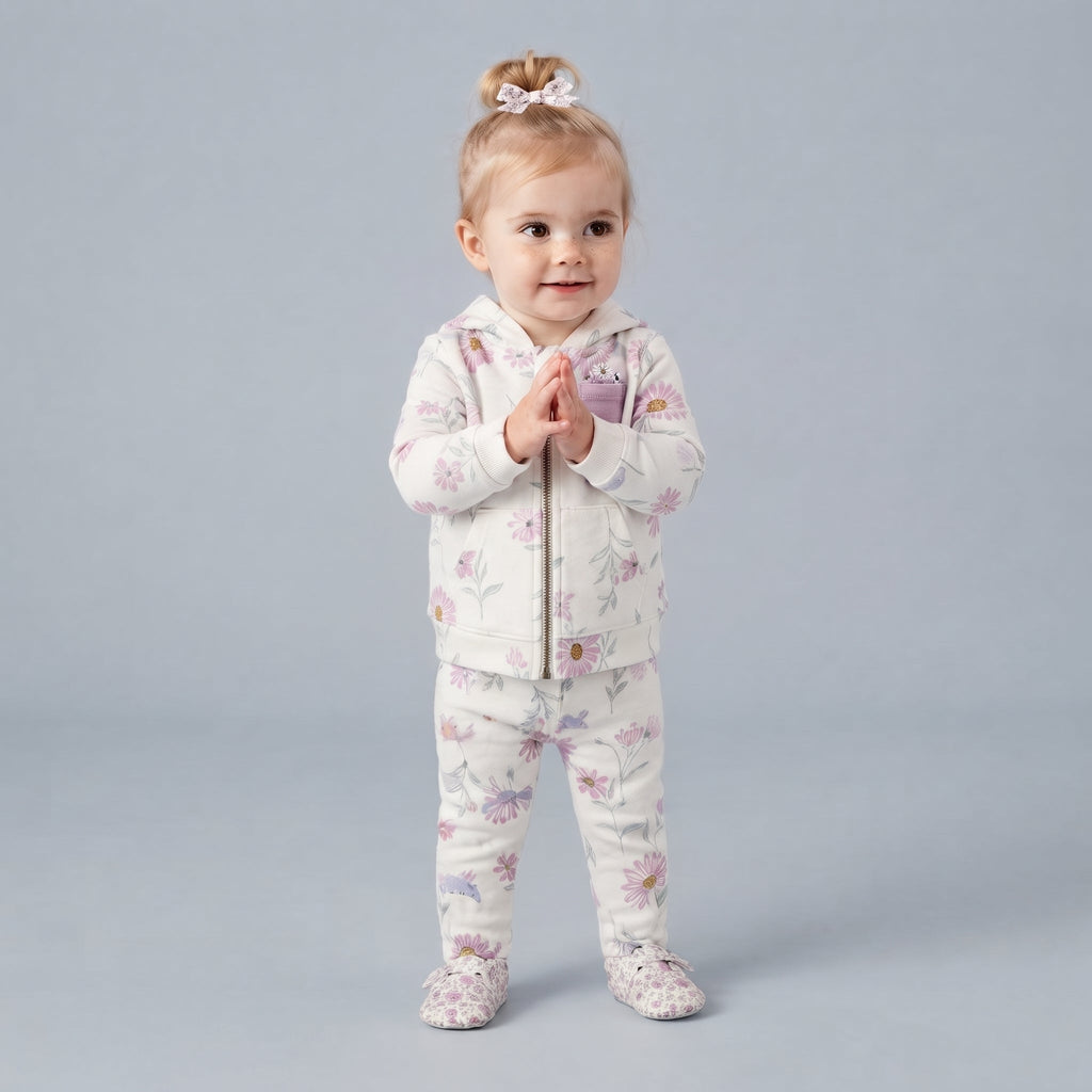 Niña pequeña vistiendo conjunto EmpiBy de tres piezas con estampado floral, chaqueta con capucha y pantalón a juego