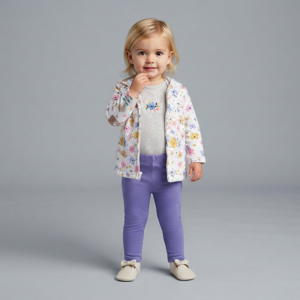Conjunto EmpiBy de 3 piezas para bebé niña con chaqueta floral, body gris y legging morado sobre fondo neutro.