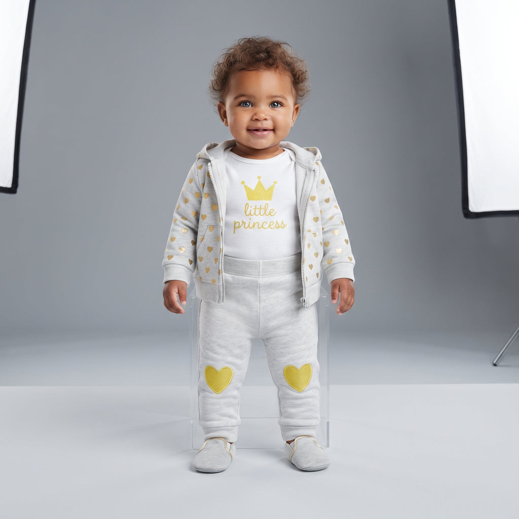Bebé niña sonriente vistiendo conjunto EmpiBy de tres piezas: chaqueta gris con corazones, body blanco y leggings.