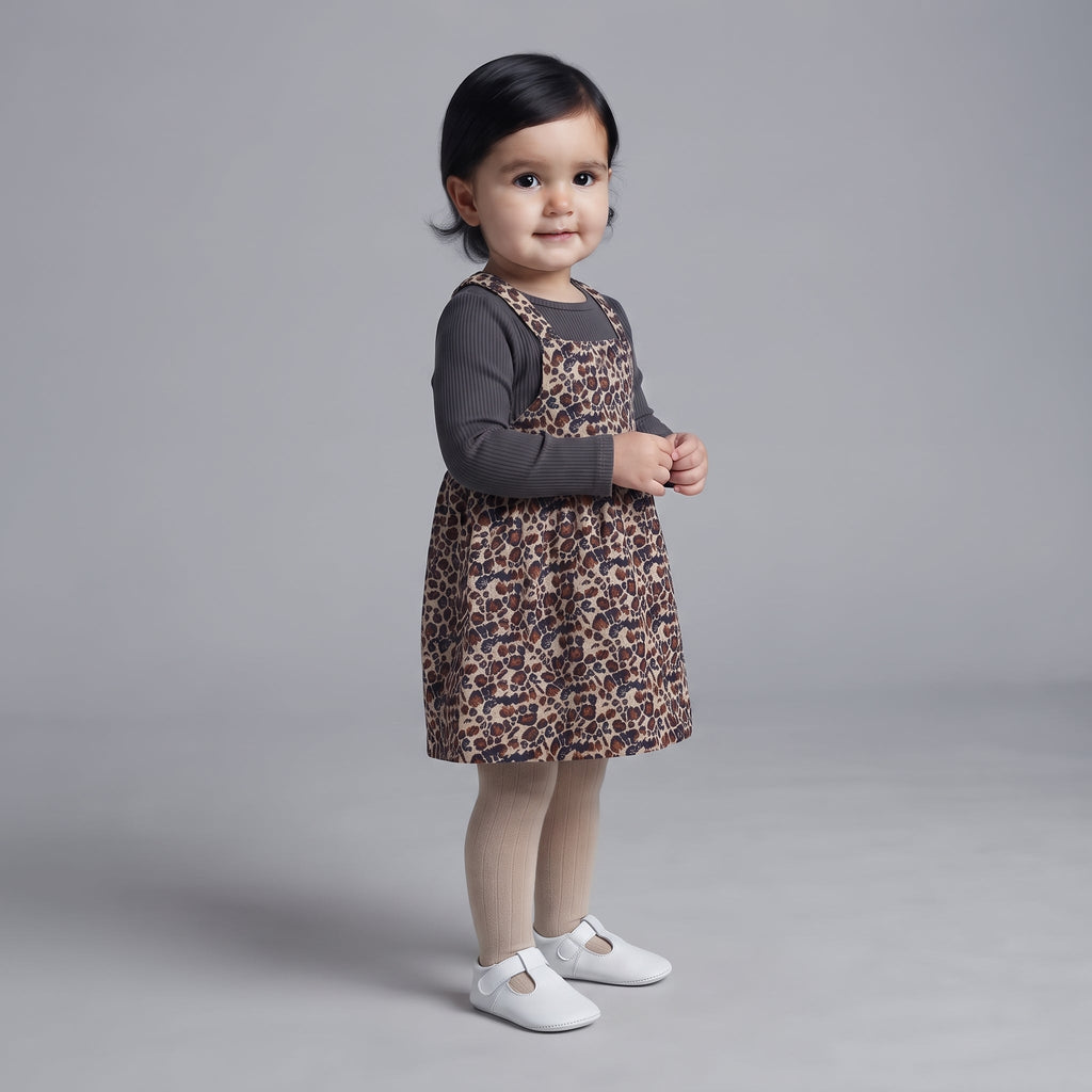 Niña pequeña con conjunto EmpiBy de vestido peto estampado leopardo, camiseta gris acanalada y medias beige.