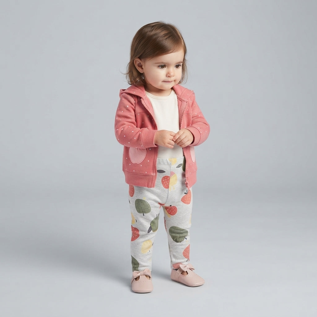 Conjunto EmpiBy de 3 piezas para bebé niña con chaqueta rosa de lunares, body marfil y pantalón estampado de manzanas
