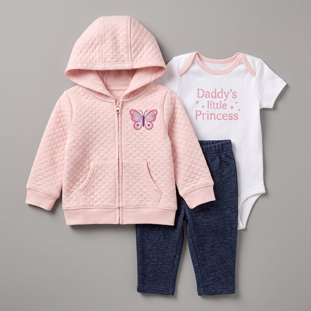 Conjunto EmpiBy de 3 piezas para bebé niña: chaqueta rosa acolchada con mariposa, body blanco y legging azul oscuro.