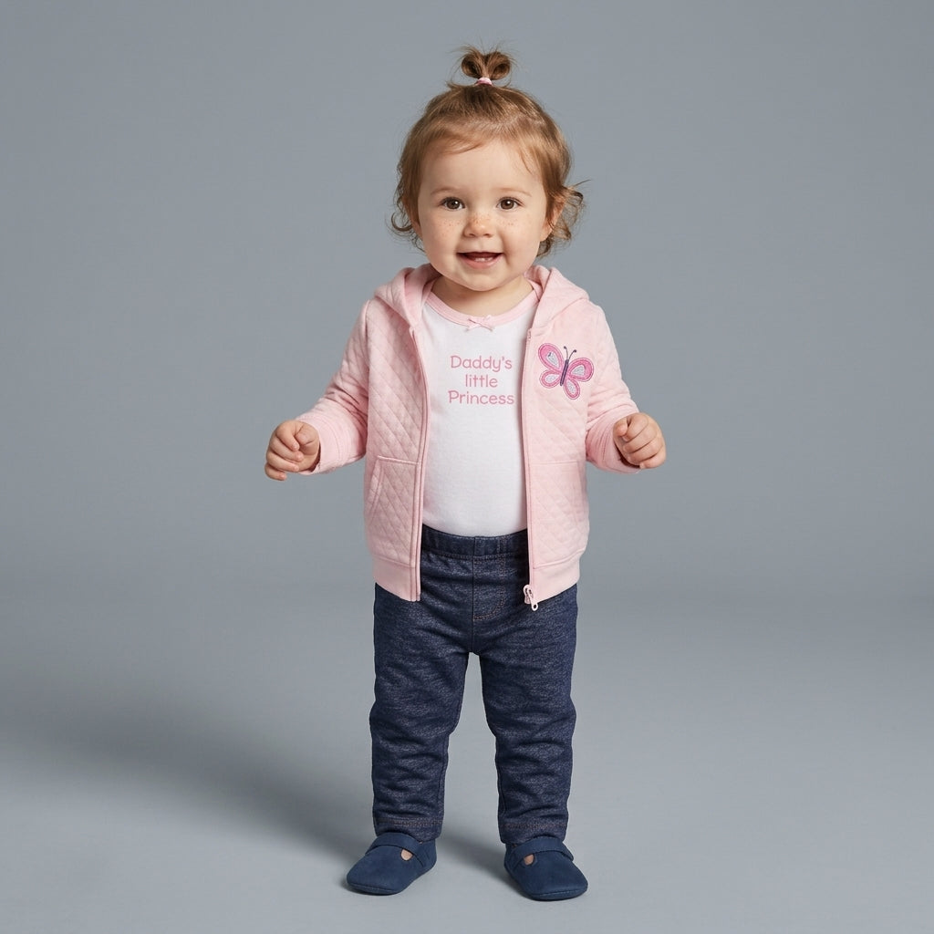 Bebé niña vistiendo conjunto EmpiBy de 3 piezas: chaqueta rosa acolchada con mariposa, body blanco y pantalón azul.