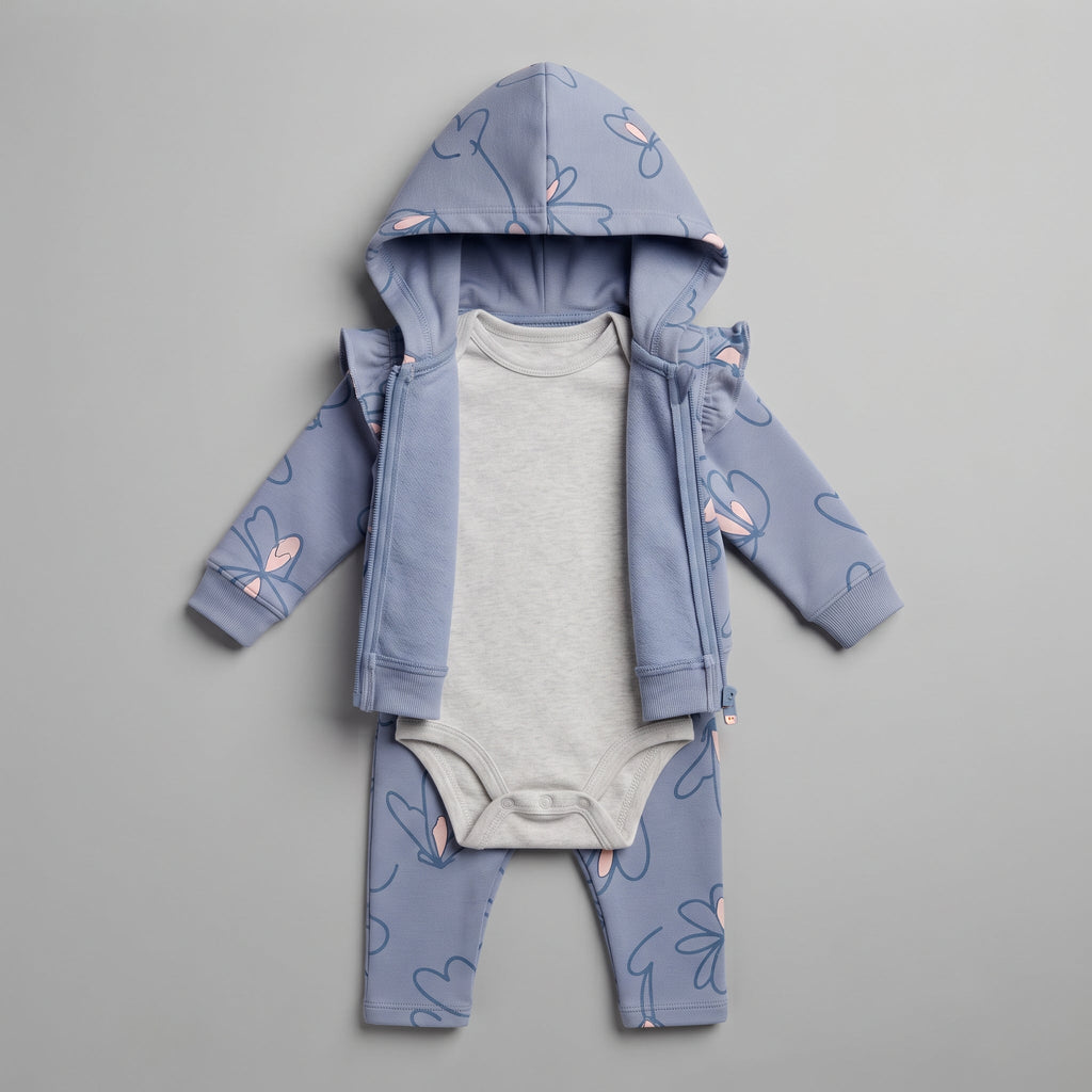 Conjunto EmpiBy de 3 piezas para bebé niña con chaqueta azul de mariposas, body gris y legging a juego