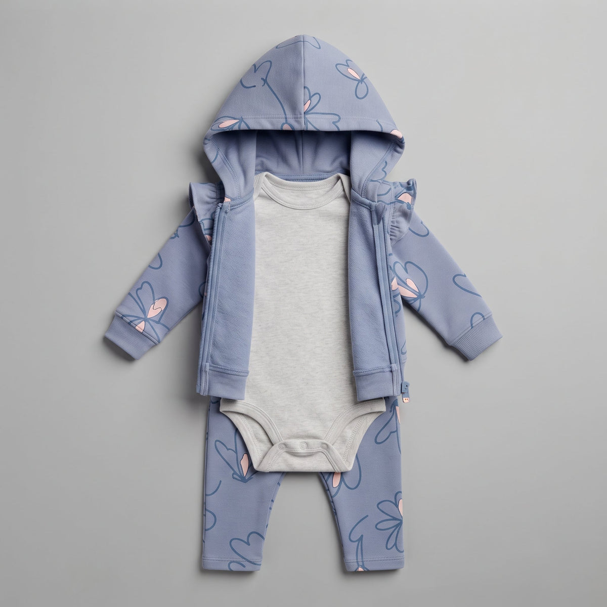 Conjunto EmpiBy de 3 piezas para bebé niña con chaqueta azul de mariposas, body gris y legging a juego