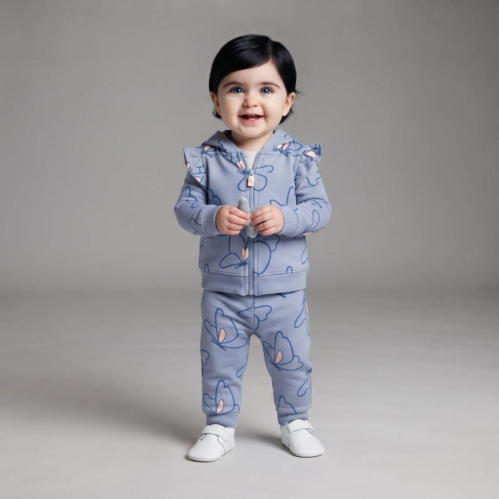 Bebé niña sonriente vistiendo conjunto EmpiBy de 3 piezas azul con estampado de mariposas y volantes en hombros