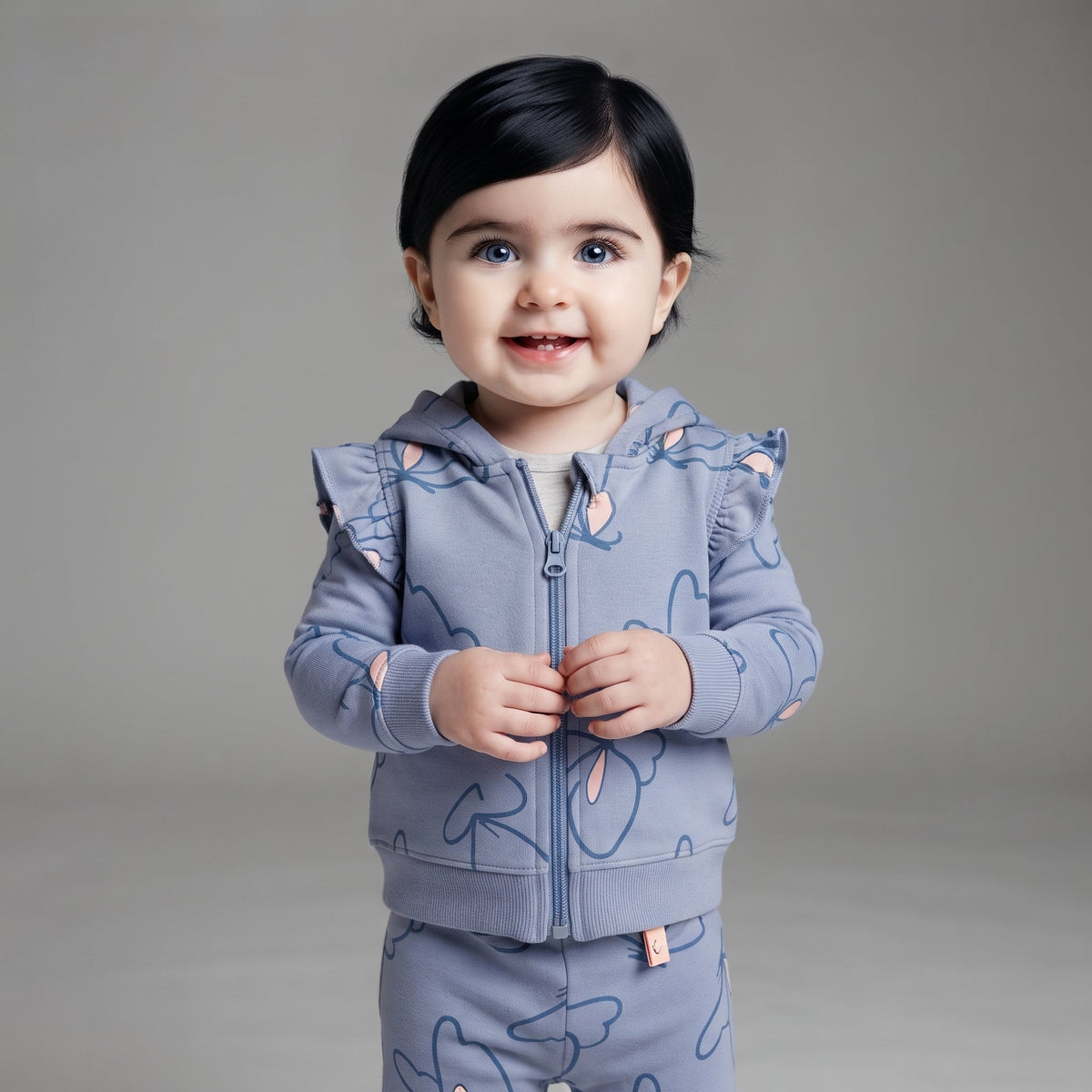 Bebé niña sonriente vistiendo conjunto EmpiBy de tres piezas azul con estampado de mariposas y chaqueta con volantes