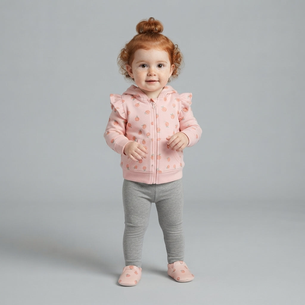 Conjunto de 3 piezas EmpiBy para bebé niña con chaqueta rosa de melocotones, body salmón y pantalón gris cómodo.