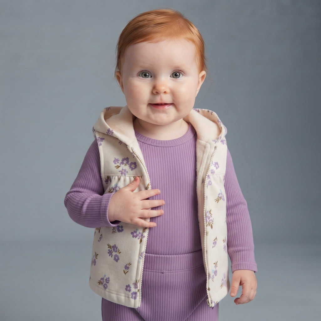 Bebé niña vistiendo conjunto EmpiBy de 3 piezas: chaqueta floral con capucha, body y pantalón morado acanalado.