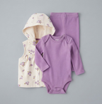 Conjunto EmpiBy de 3 piezas para bebé niña con chaqueta floral, body y pantalón acanalado en color morado y marfil.