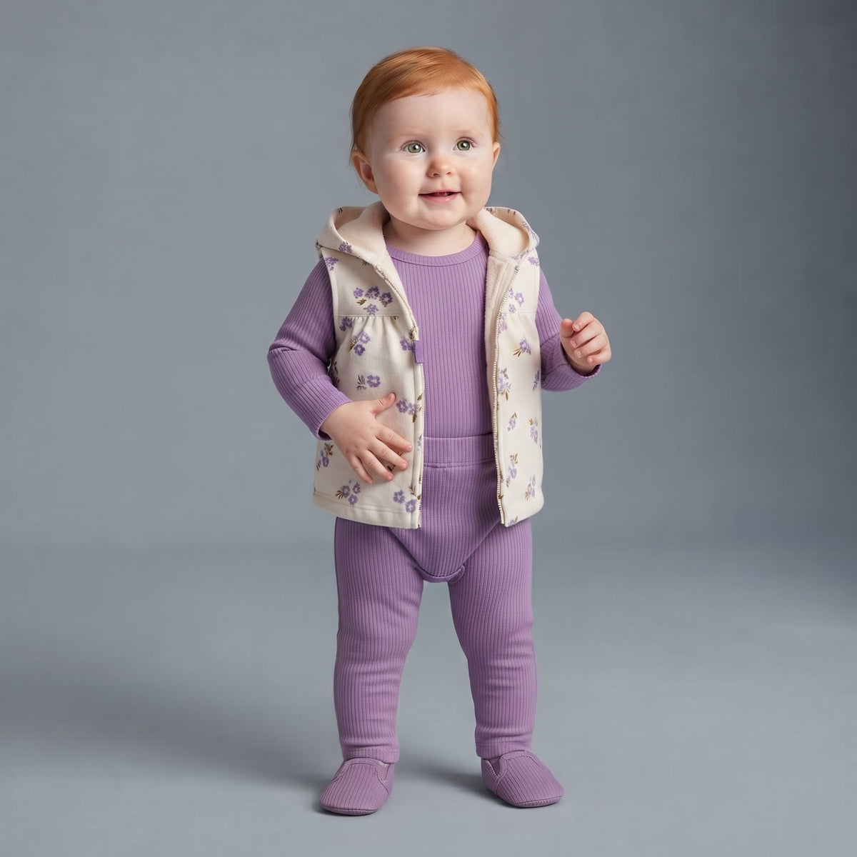 Bebé niña vistiendo conjunto EmpiBy de 3 piezas: chaqueta floral, body y pantalón acanalado morado.