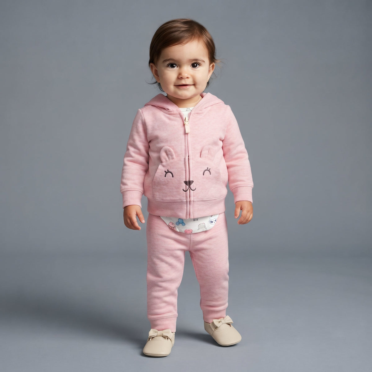 Bebé niña vistiendo conjunto EmpiBy de 3 piezas rosa con chaqueta de osito, body estampado y pantalón jogger