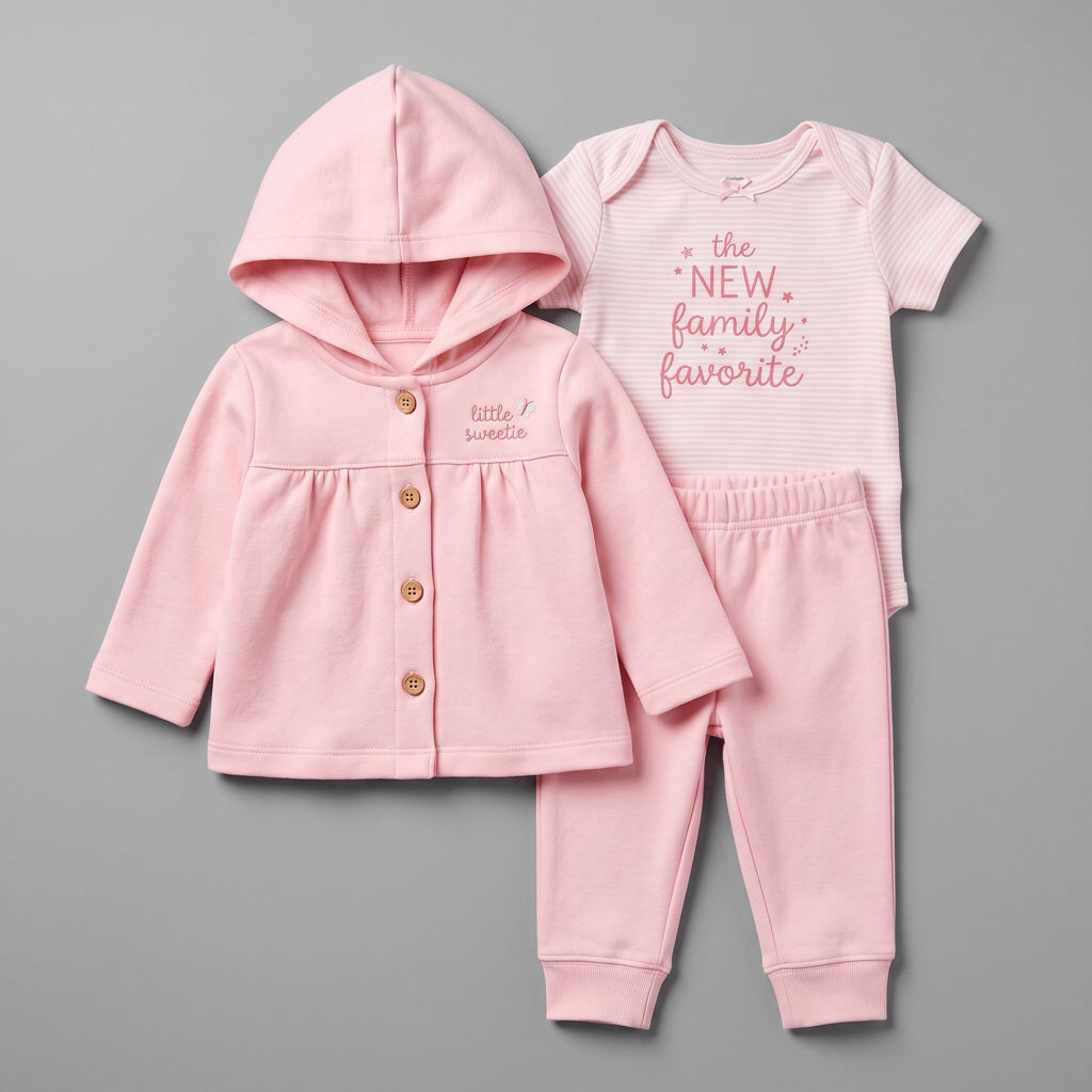 Conjunto EmpiBy de 3 piezas para bebé niña en rosa pastel: chaqueta con capucha, body a rayas y pantalón cómodo.