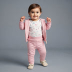 Bebé niña vistiendo conjunto EmpiBy de 3 piezas rosa con chaqueta, body estampado y pantalón jogger cómodo.