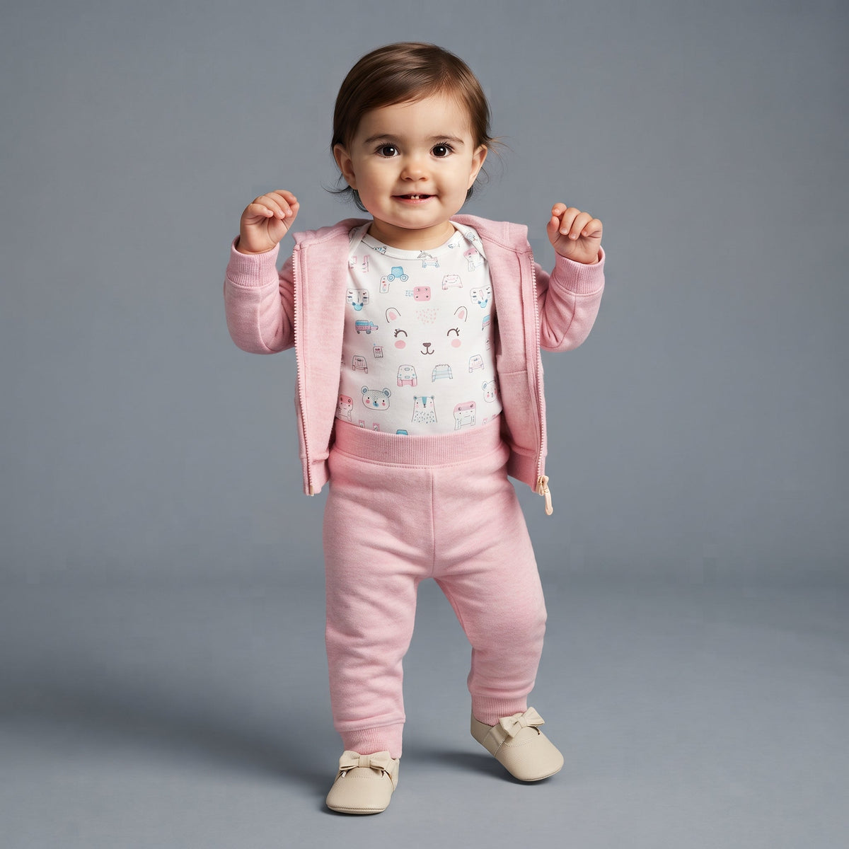 Bebé niña vistiendo conjunto EmpiBy de 3 piezas rosa con chaqueta, body estampado y pantalón jogger cómodo.