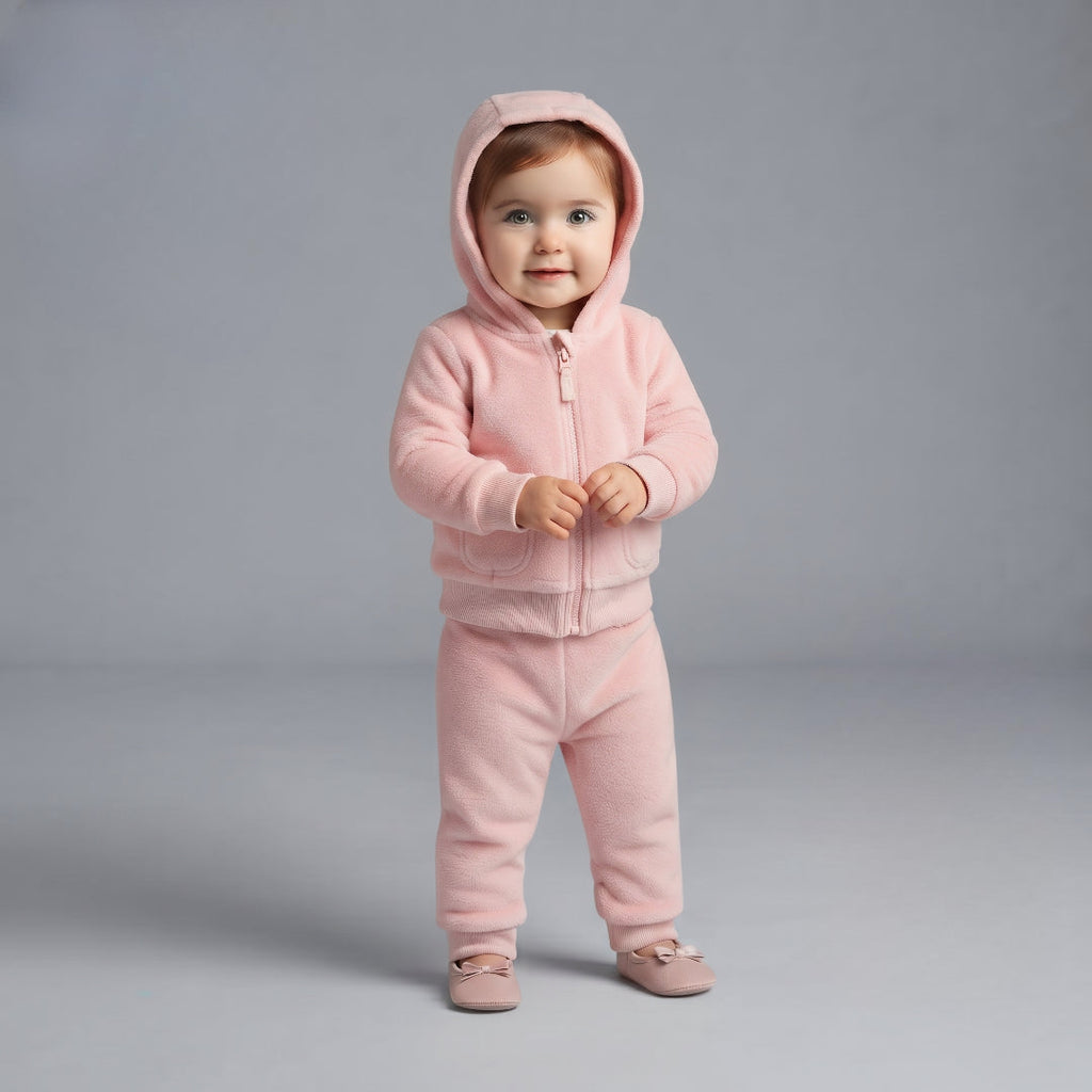 Bebé niña vistiendo conjunto EmpiBy de tres piezas rosa con chaqueta de capucha con orejitas y pantalón afelpado